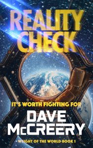 Book cover for Reality Check by Dave McCreery, with planet Earth visible through a scope and a blue lens flare effect