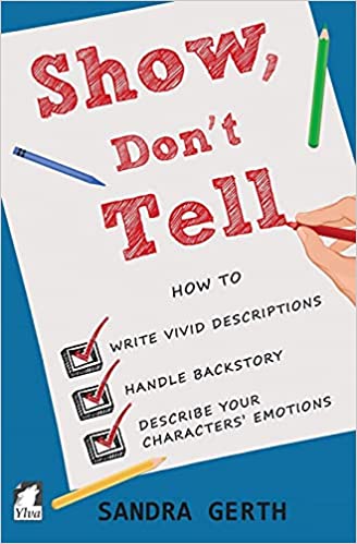 Book cover of Show, Don't Tell by Sandra Geth, with a blue background and white sheet of paper showing the book title