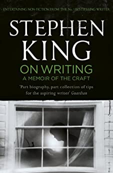 Book cover for Stephen King's On Writing, King writes pn a typewriter against a greyscale window